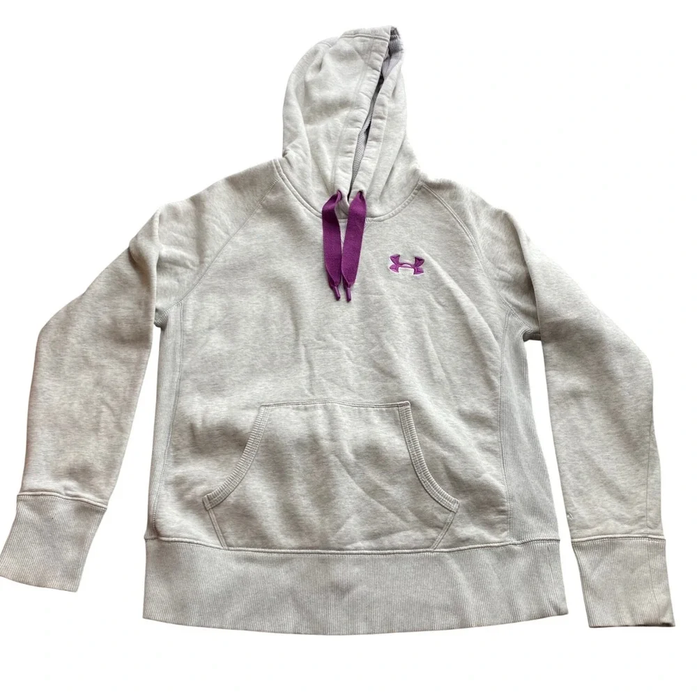 Under Armour UA Storm Women Medium Gray Purple Logo Fleece Hoodie Sweatshirt